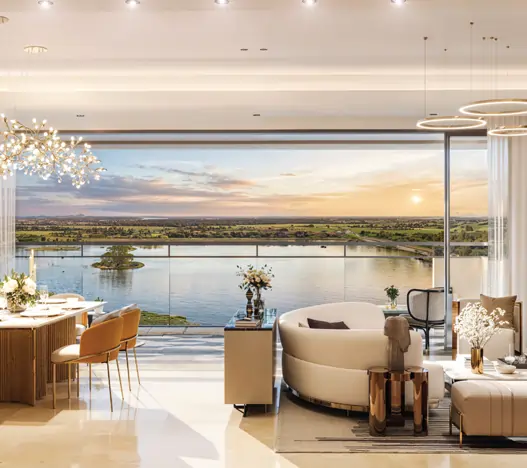 Lodha Haven — Living room with sunset lake view